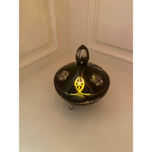 Antique Bohemian Amethyst Cut To Clear Crystal Footed Candy Dish Bowl with Lid - Picture 9 of 14